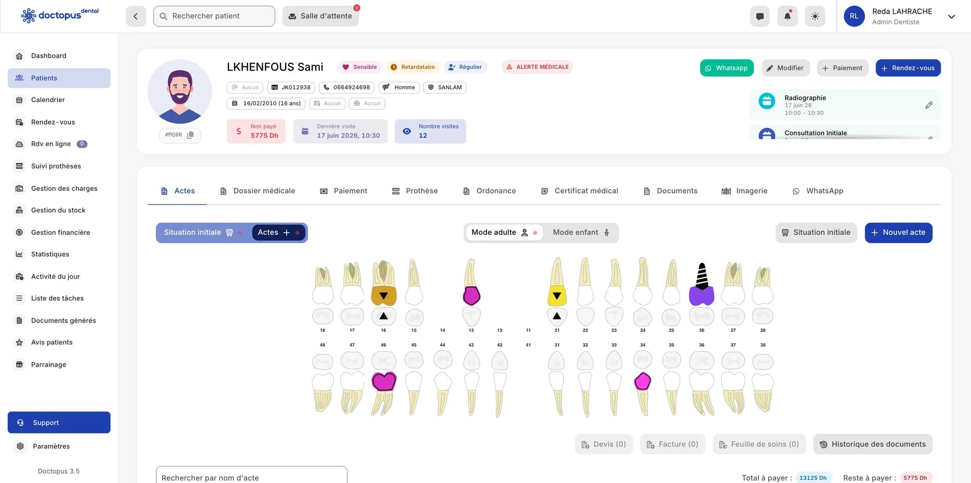 Odontogramme détaillé et dossier clinique complet
