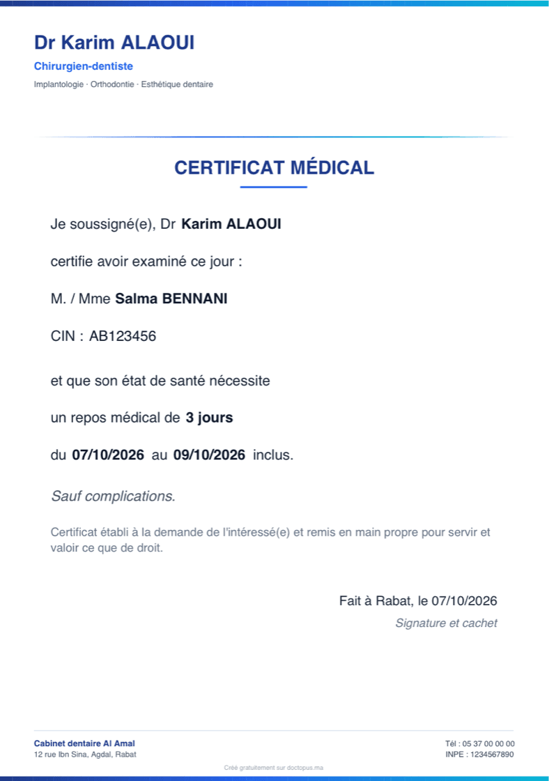 Aperçu d’un certificat médical dentaire généré