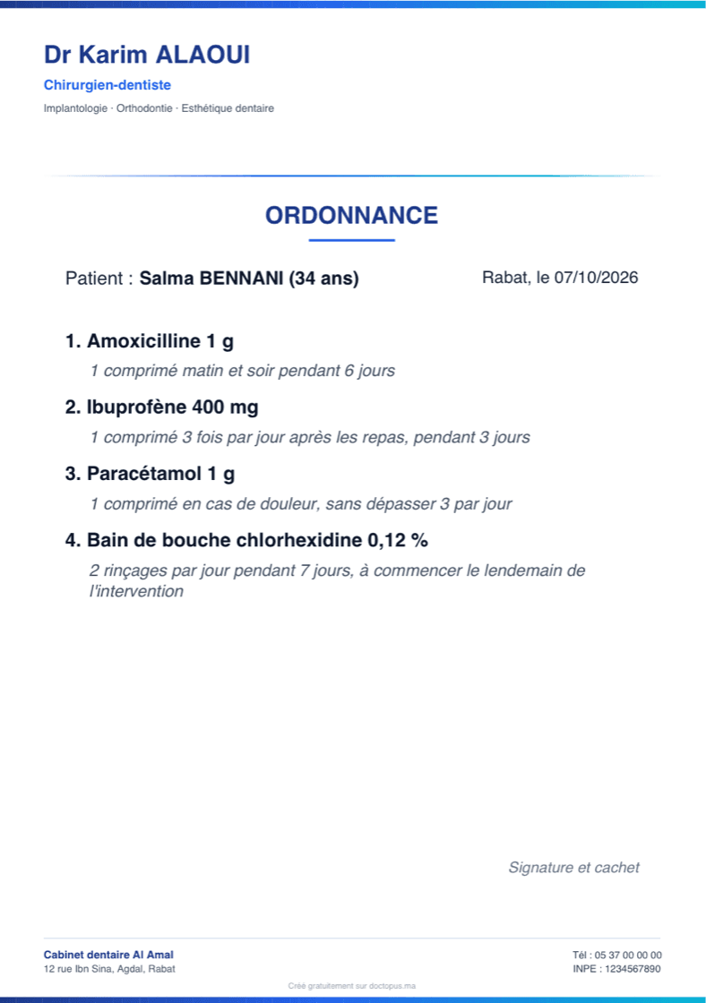 Aperçu d’une ordonnance dentaire générée